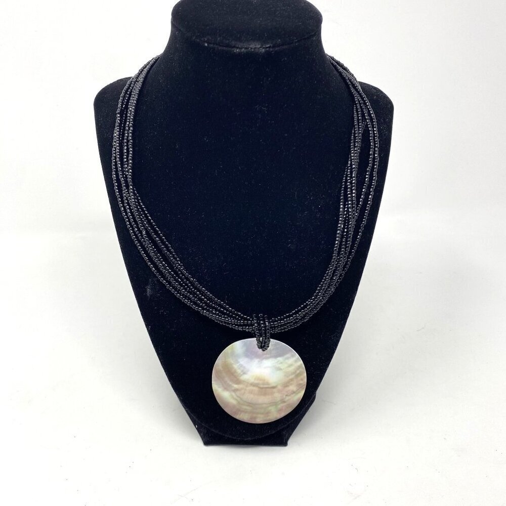 Multi Strand Pendant Necklace Faux Mother of Pearl Black Beads Tropical